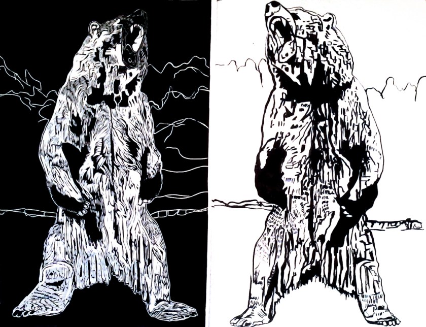 Roaring Bear Linocut and Ink Drawing
