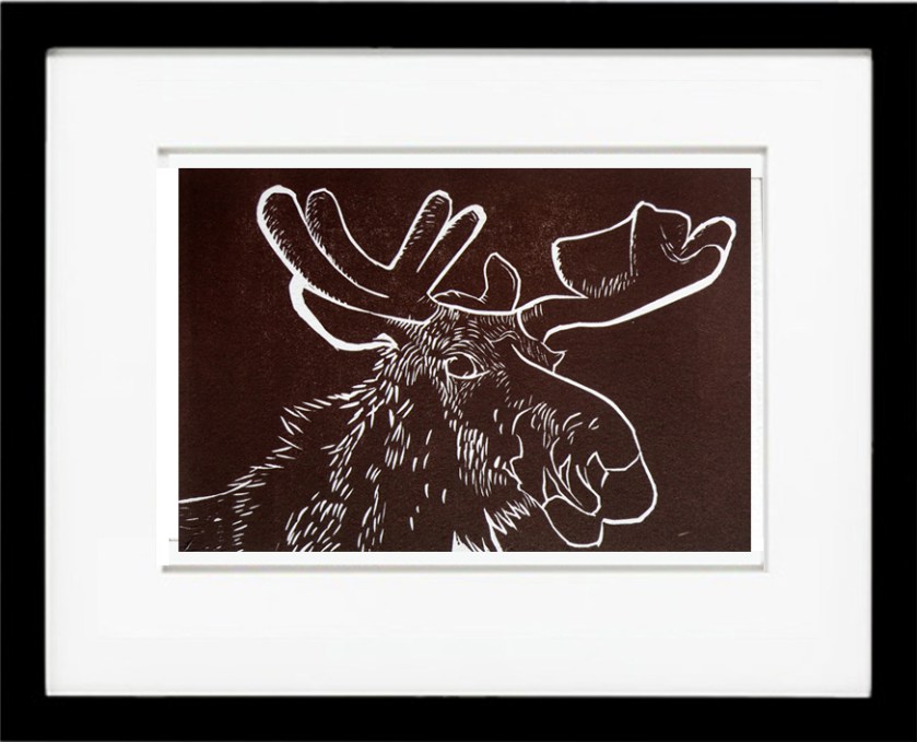 mooseface, brown moose, adirondack moose, moose linocut, moose outline
