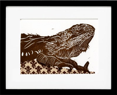 framed bearded dragon  linocut version 1, brown chine colle