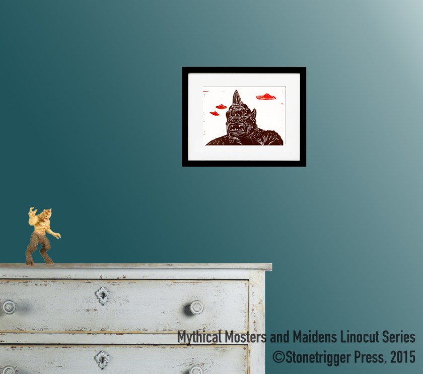 Cyclops with UFO's  Linocut by Stonetrigger Press available on Etsy