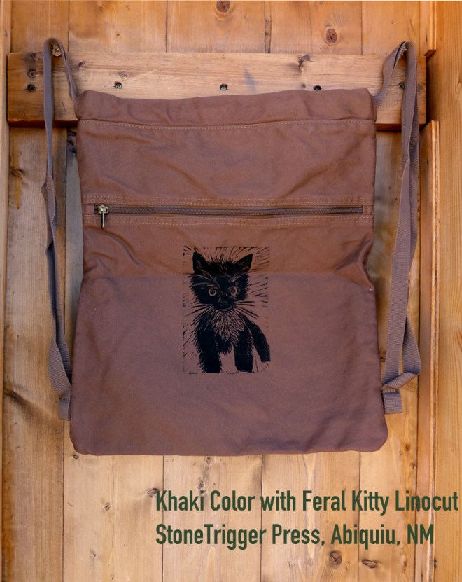 Khaki  Cinch bag with Feral Kitty  Linocut