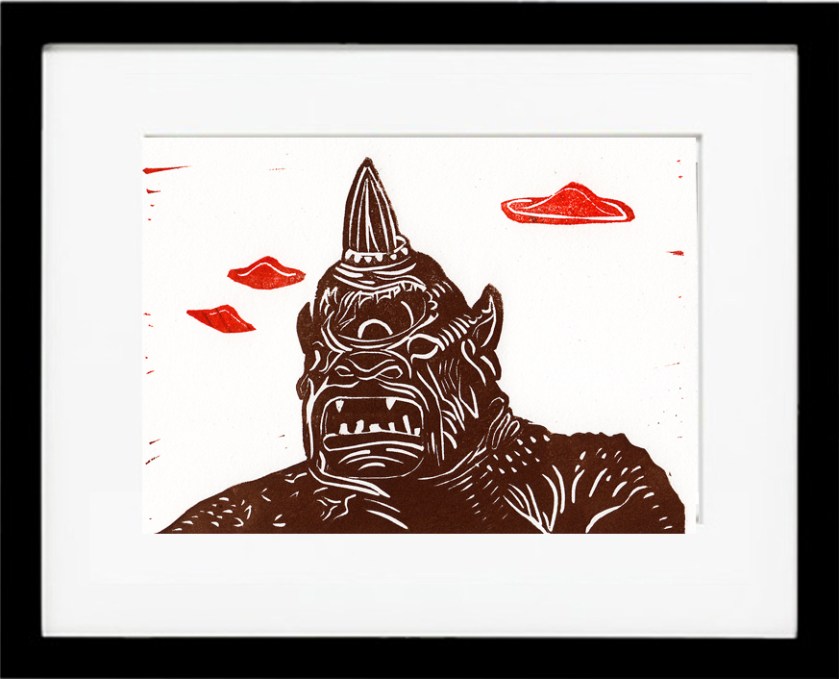 Cyclops with UFO's Linocut