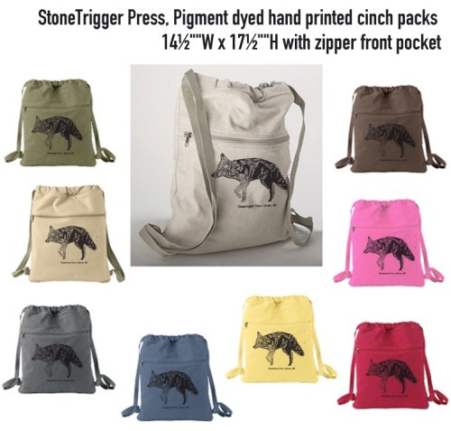 Nine colors of Stonetrigger Press hand printed bags.