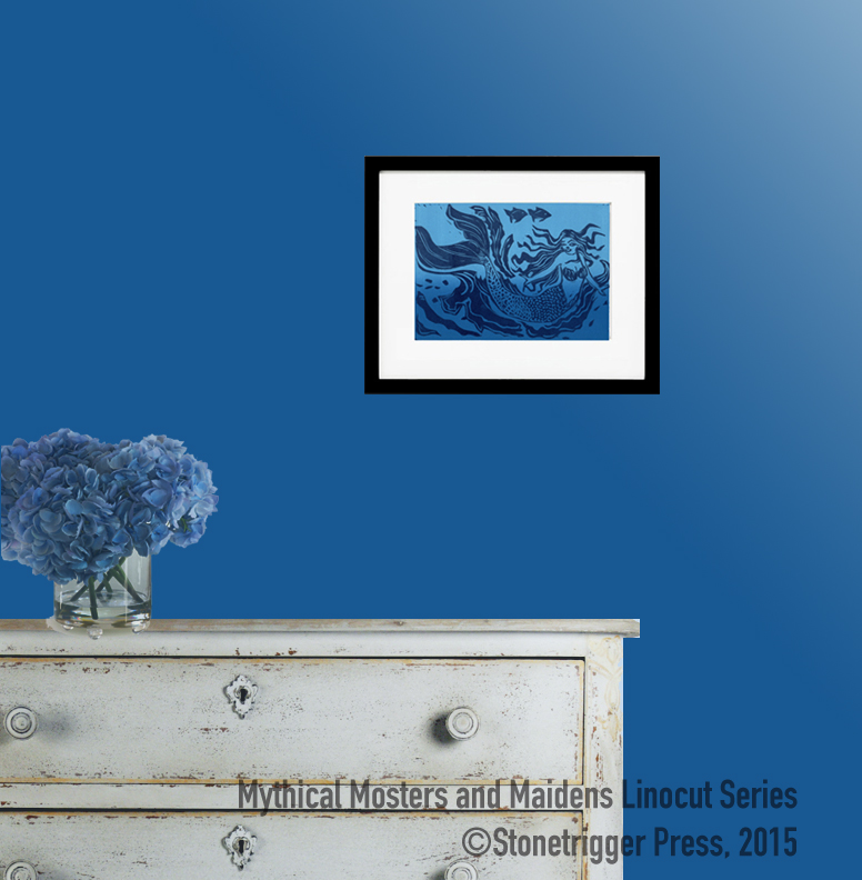 Mermaid Linocut by Stonetrigger Press available on Etsy