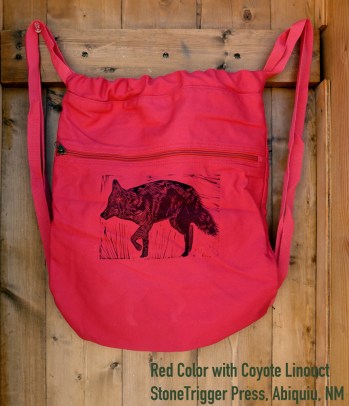 Red Cinch bag with Coyote Linocut