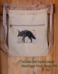 Tan Cinch bag with Coyote Linocut