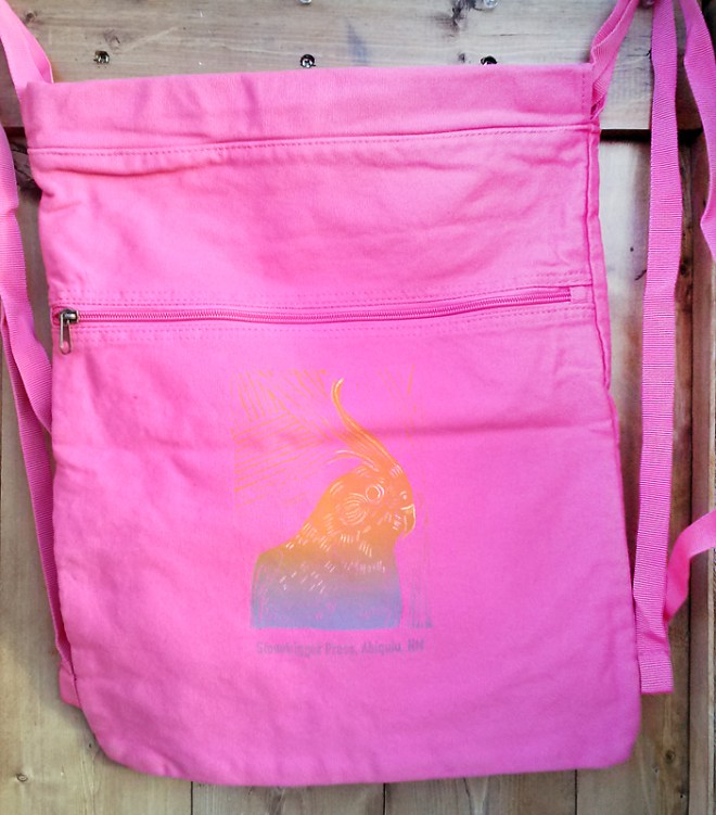 Linocut printed bag with hand coloring