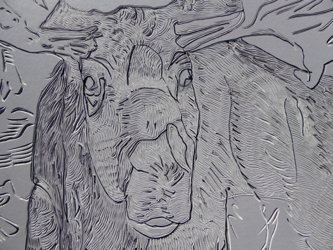Detail of 24" x 18" Moose Linocut